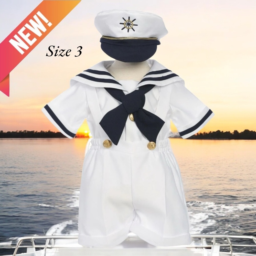 New Baby Toddler Boys Bow Accent Nautical Cap Outfit Set